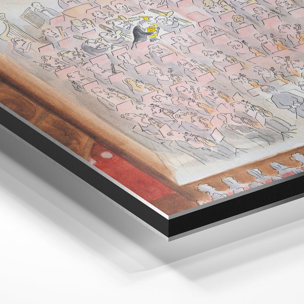 Gros plan de la matière : le tirage contrecollé sur aluminium Dibond mat, tranche visible.