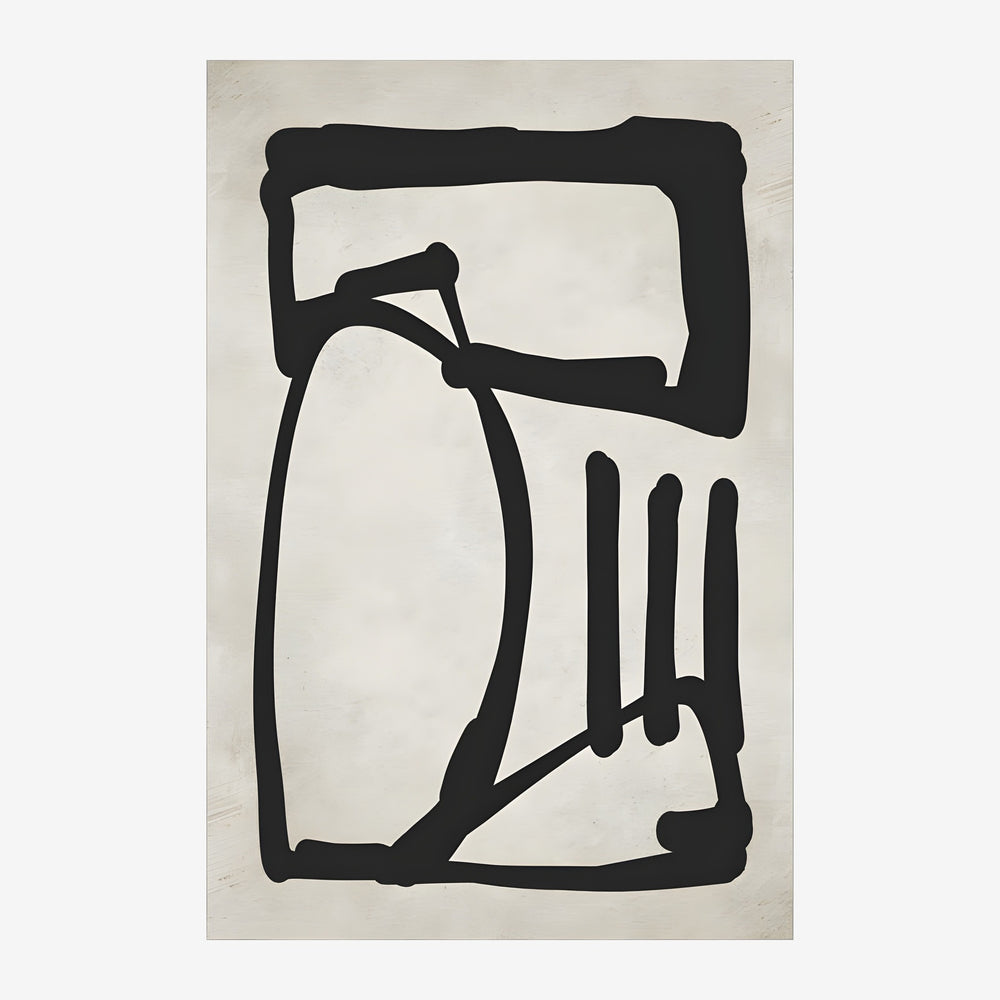 Dessin au trait noir sur fond beige clair, avec des formes géométriques abstraites reliées en ligne continue.
