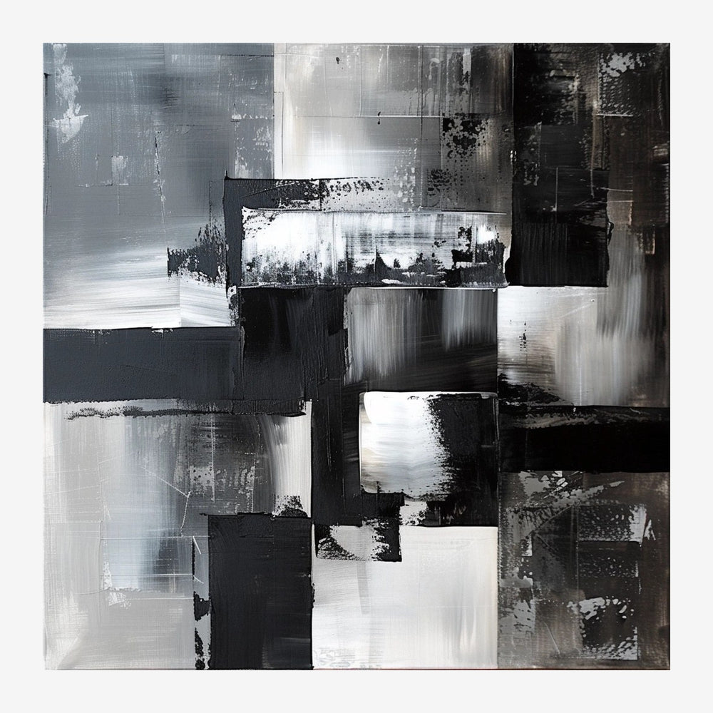 Composition abstraite géométrique en noir et blanc avec des formes rectangulaires et carrées imbriquées, créant une harmonie.
