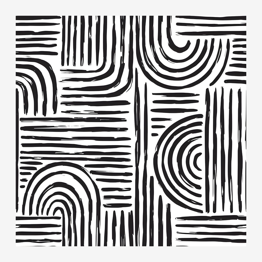 Composition abstraite en noir et blanc composée de lignes courbes concentriques et de traits horizontaux formant un motif.