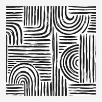 Composition abstraite en noir et blanc composée de lignes courbes concentriques et de traits horizontaux formant un motif.
