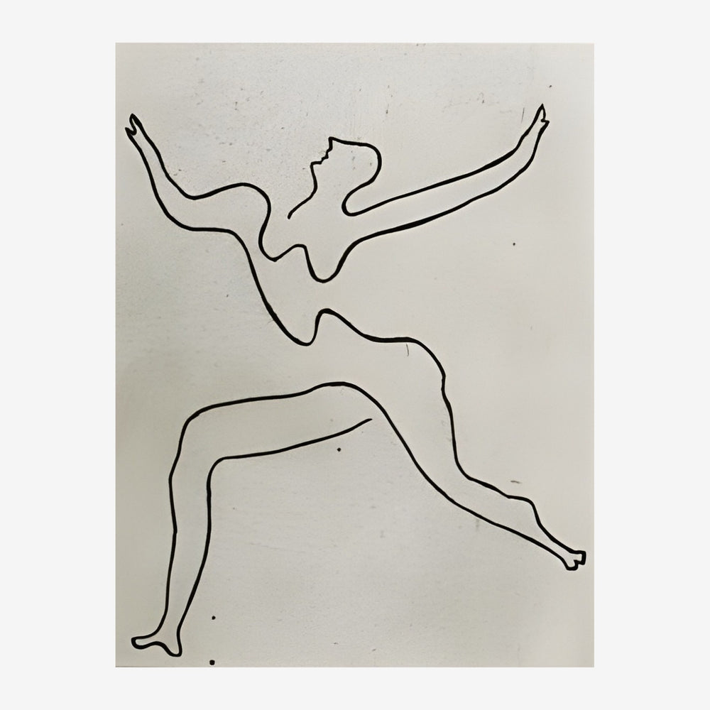 Figure abstraite tracée au trait noir sur fond gris clair, représentant un corps stylisé avec les bras et jambes écartés.
