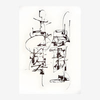 Composition abstraite en noir et blanc avec des traits fluides et des formes géométriques sur fond beige clair.