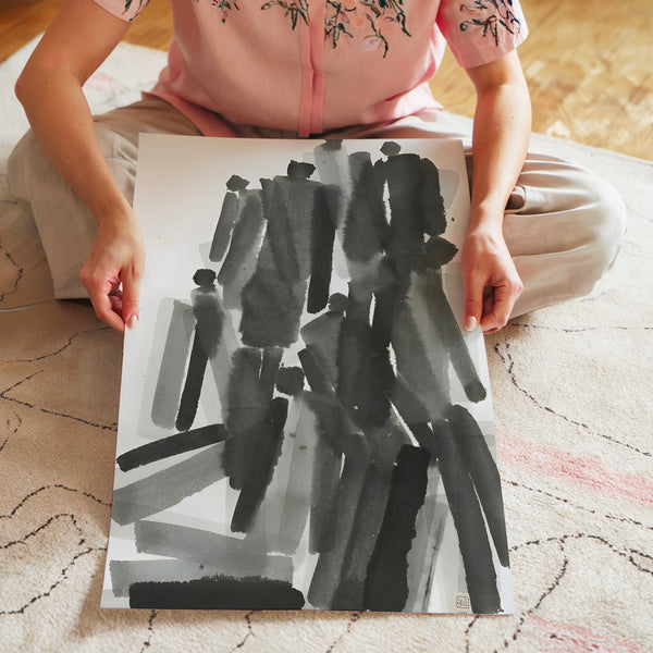 Foule abstraite en noir et blanc, composition minimaliste — Poster HP mat