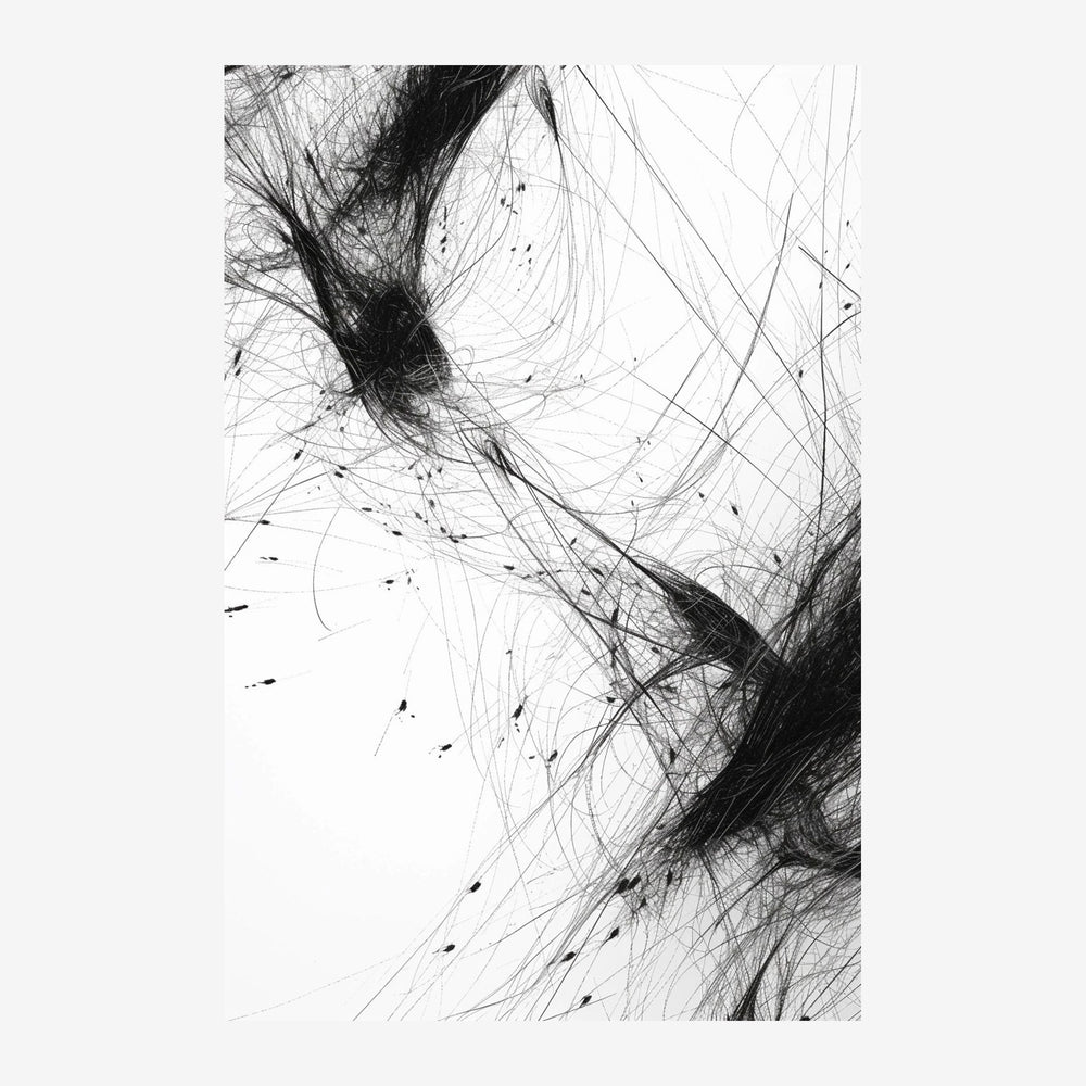 Composition abstraite en noir et blanc montrant des traits ondulants et des accumulations de lignes entrecroisées créant un.