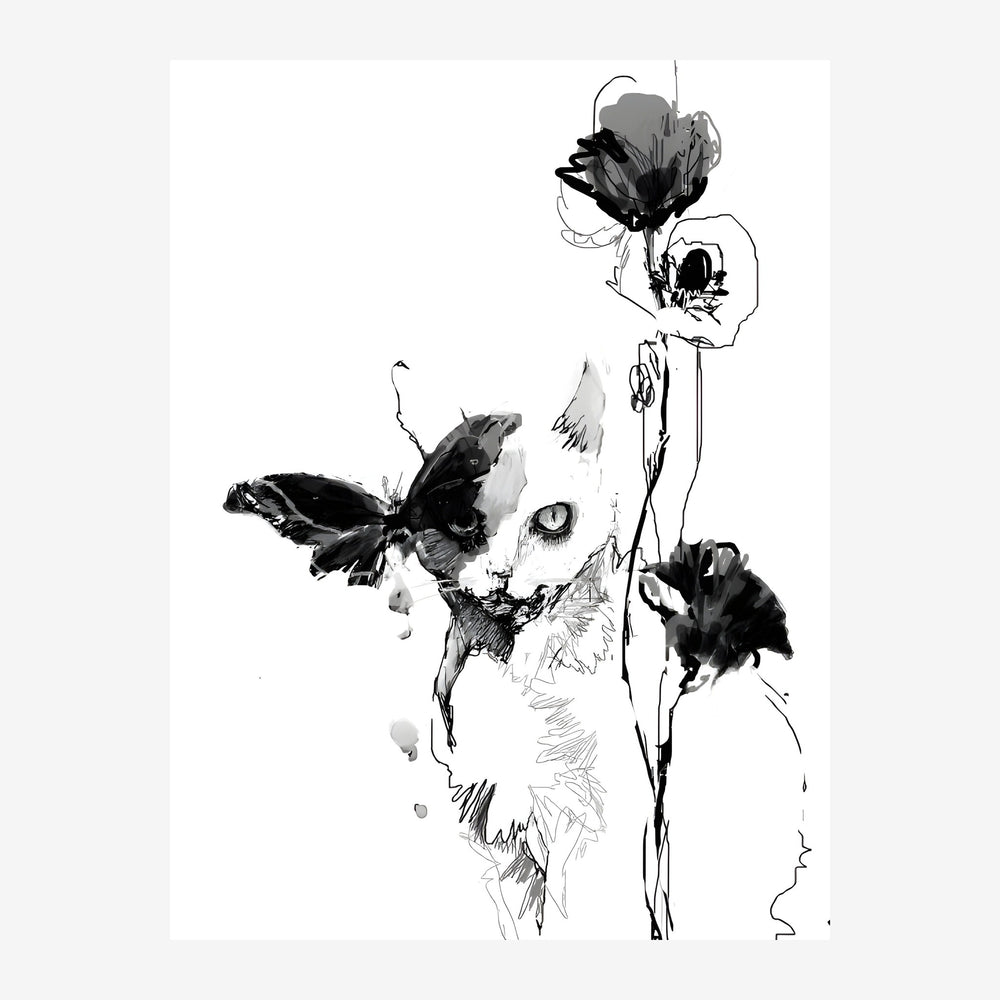 Illustration au trait en noir et blanc d'un papillon aux ailes déployées au milieu de plusieurs fleurs stylisées sur un fond.