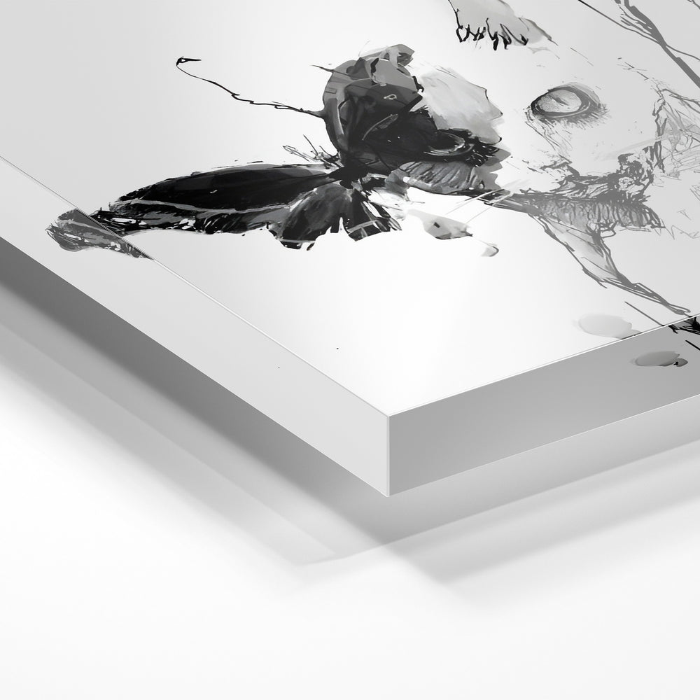 Gros plan de la matière : le tirage sous verre acrylique, tranche transparente visible.