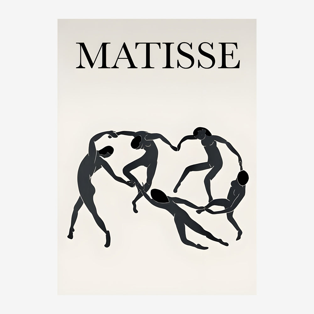 Affiche beige et noire montrant cinq silhouettes de figures dansantes disposées en cercle, avec le mot « MATISSE » en haut.