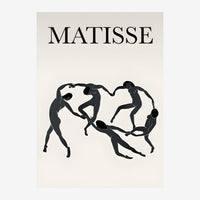 Affiche beige et noire montrant cinq silhouettes de figures dansantes disposées en cercle, avec le mot « MATISSE » en haut.