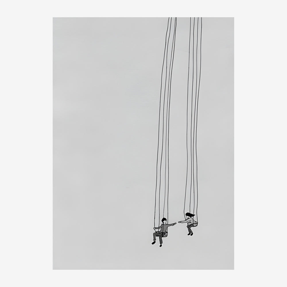 Deux enfants dessinés au trait noir, suspendus à des cordes sur fond gris pâle et blanc, dans un style de dessin minimaliste.