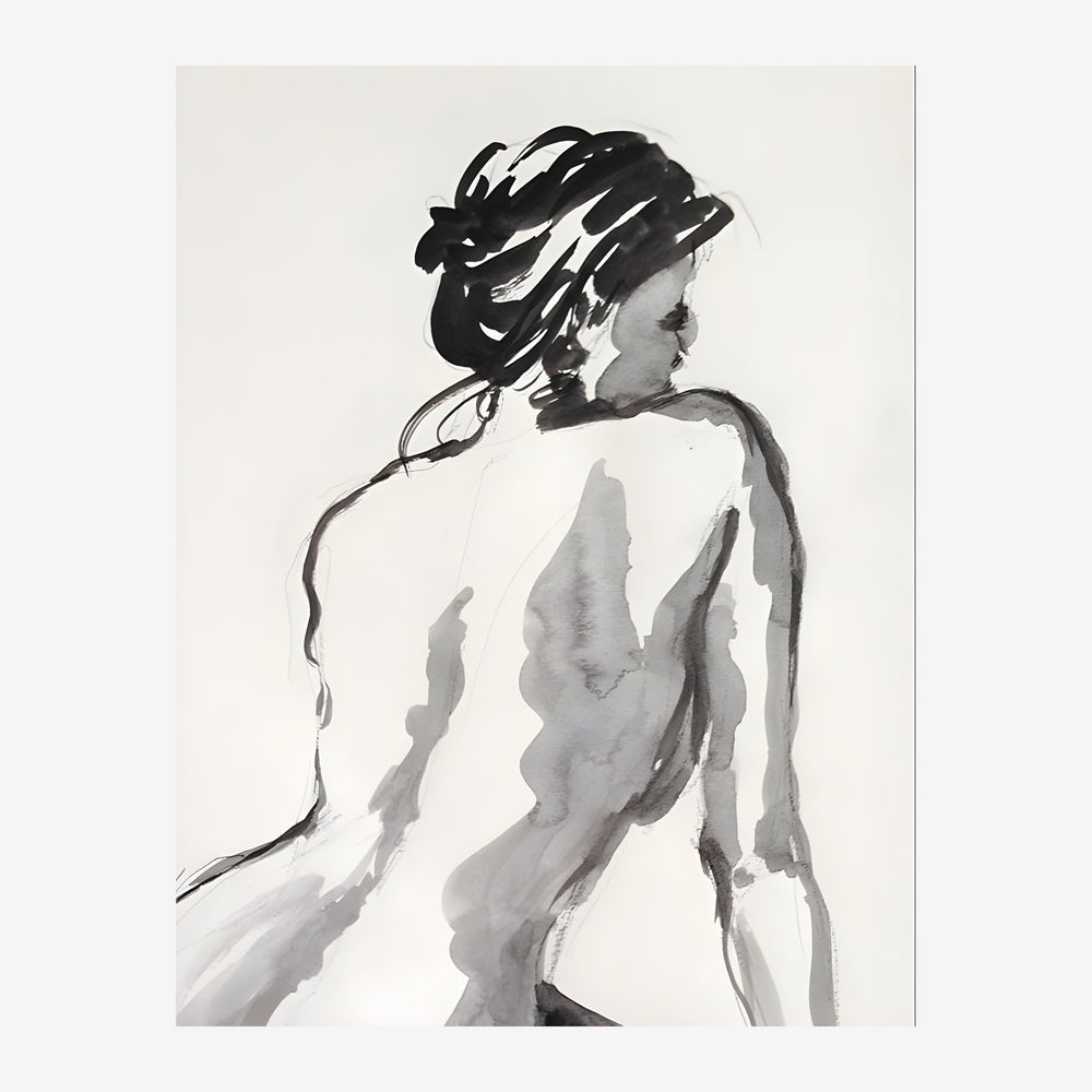 Portrait d'une femme de profil, vêtue d'un vêtement léger, cheveux relevés en chignon, réalisé en nuances de gris et noir.