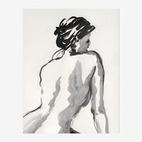 Portrait d'une femme de profil, vêtue d'un vêtement léger, cheveux relevés en chignon, réalisé en nuances de gris et noir.