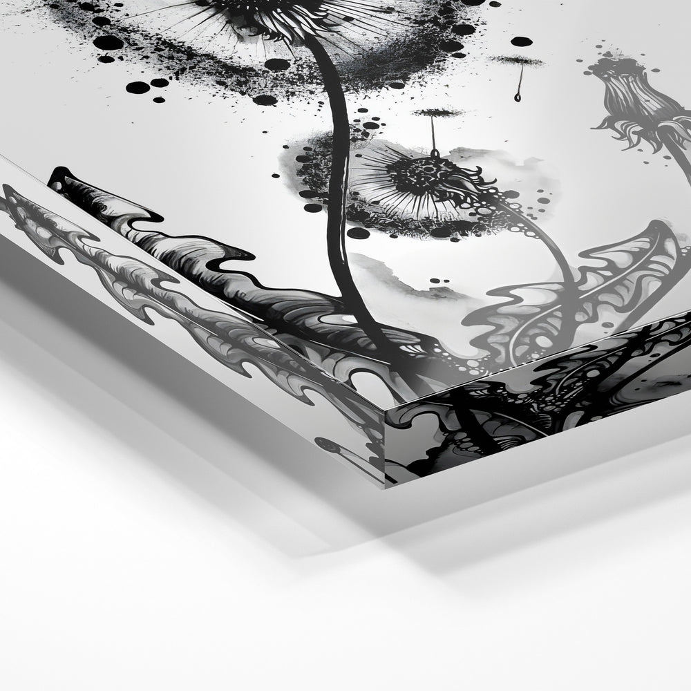 Gros plan de la matière : le tirage sous verre acrylique, tranche transparente visible.