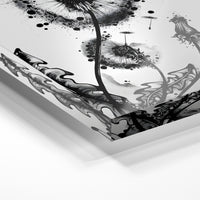 Gros plan de la matière : le tirage sous verre acrylique, tranche transparente visible.