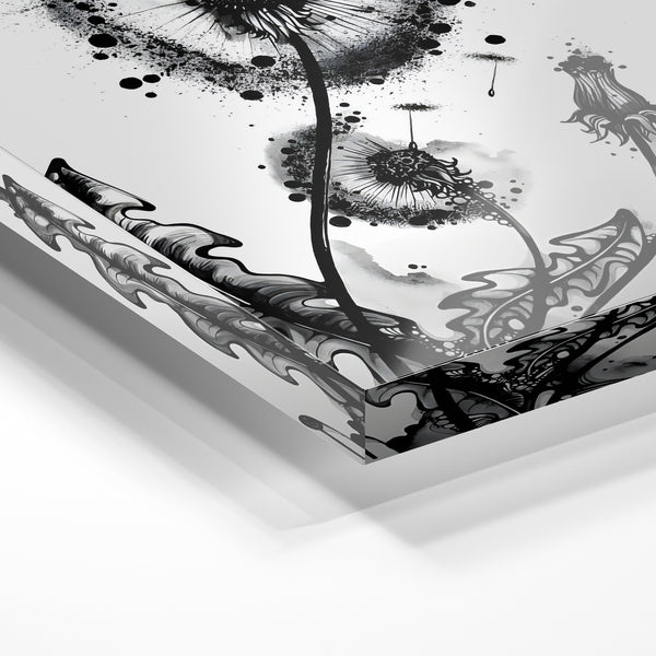 Pissenlits line art noir et blanc minimaliste — Verre acrylique