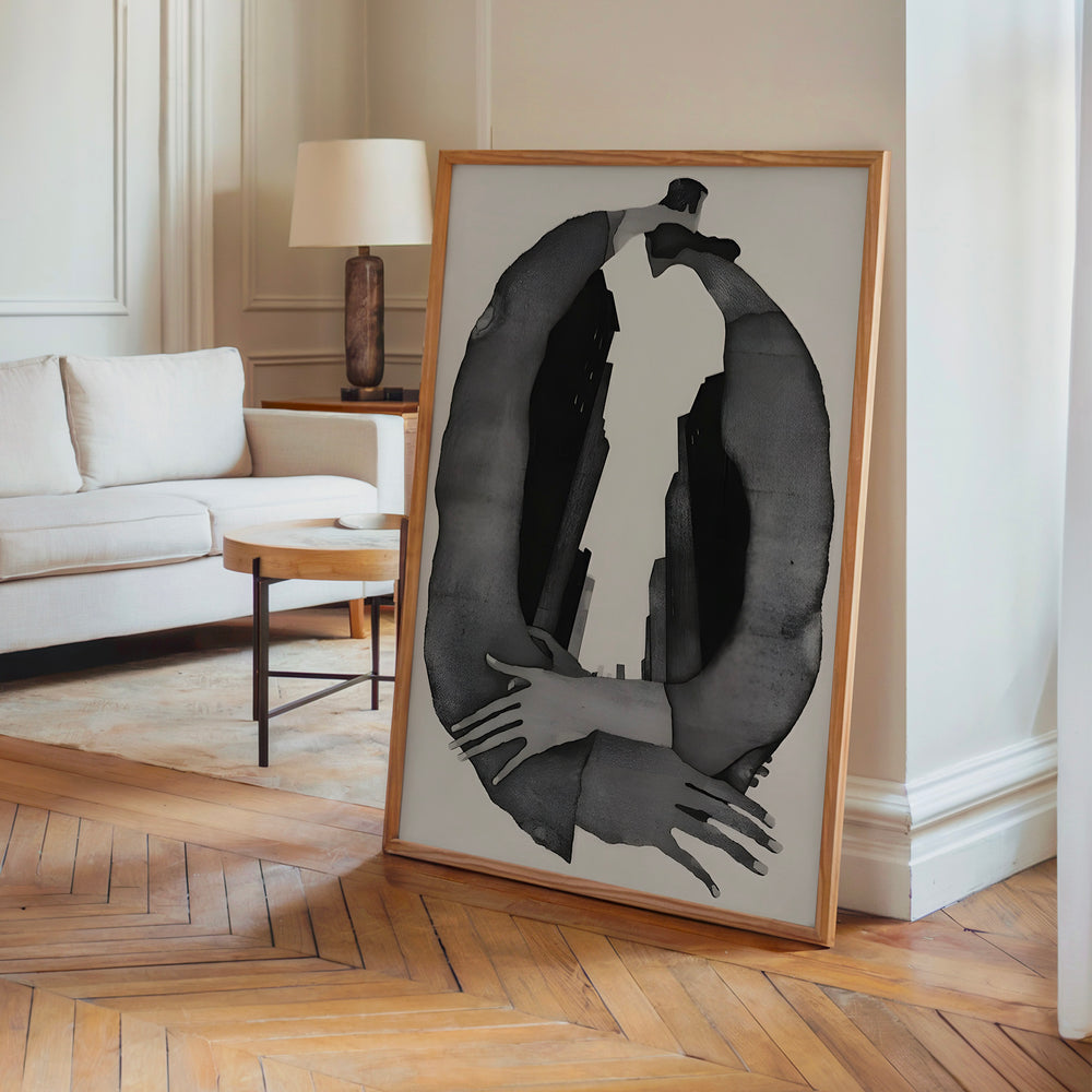 Le tableau accroché en situation dans un intérieur meublé.