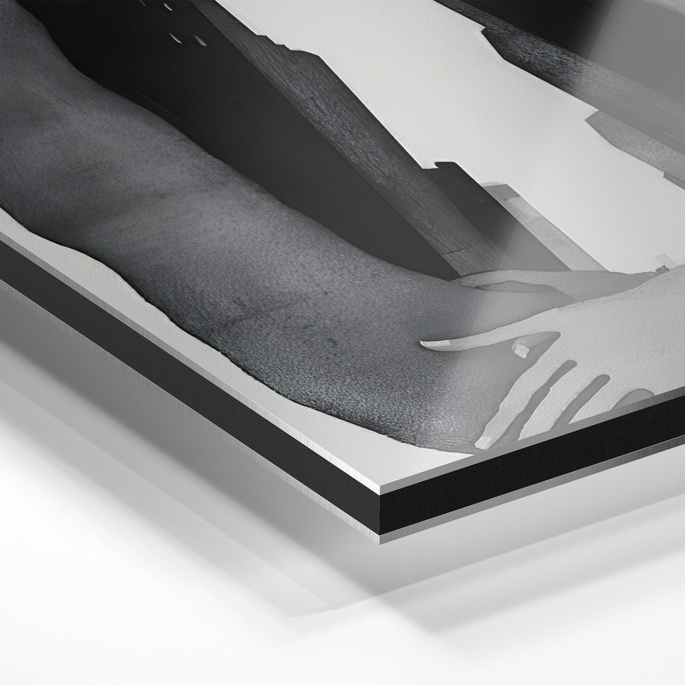 Gros plan du relief : la surépaisseur d'encre en lumière rasante sur aluminium Dibond.