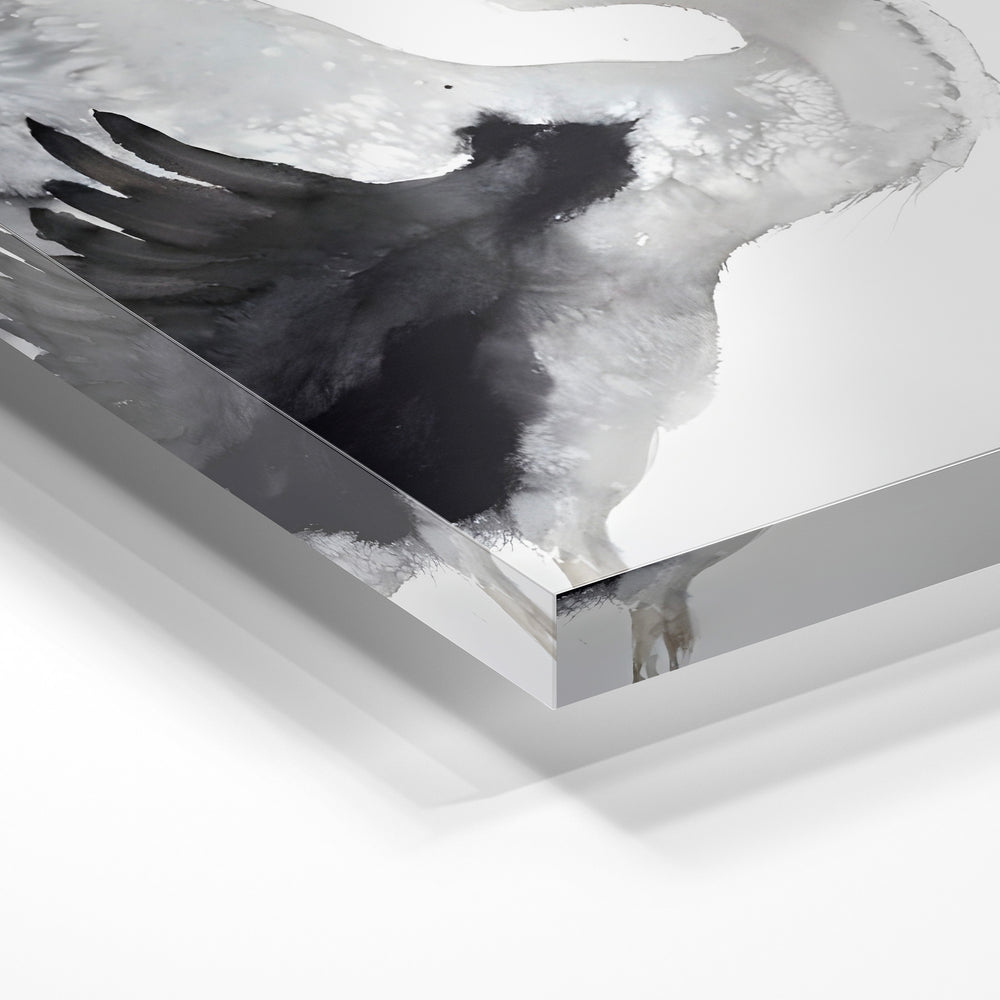 Gros plan de la matière : le tirage sous verre acrylique, tranche transparente visible.