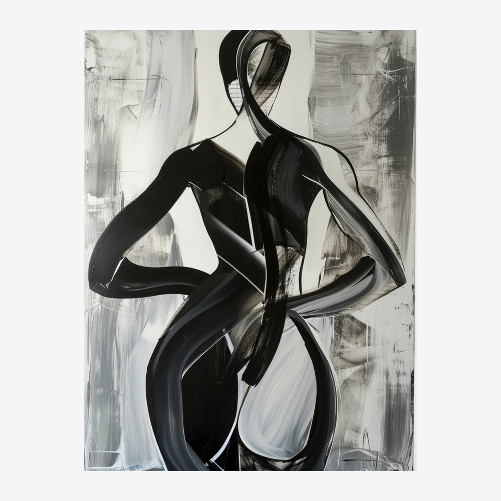 Silhouette abstraite en noir et blanc composée de formes courbes fluides sur fond gris clair travaillé.