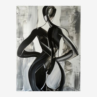 Silhouette abstraite en noir et blanc composée de formes courbes fluides sur fond gris clair travaillé.