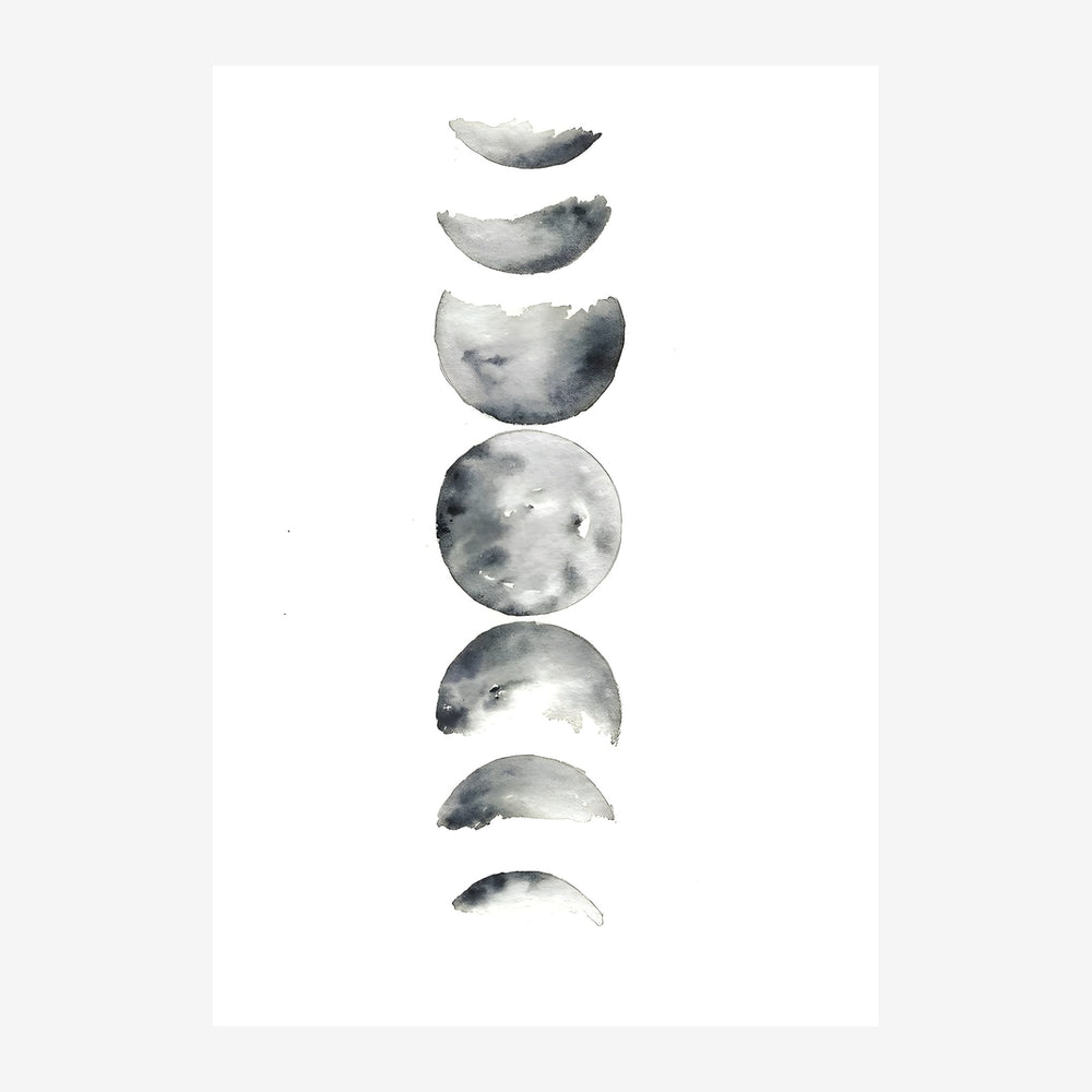 Sept phases de la lune représentées en gris et noir sur fond blanc, disposées verticalement du croissant fin au disque.