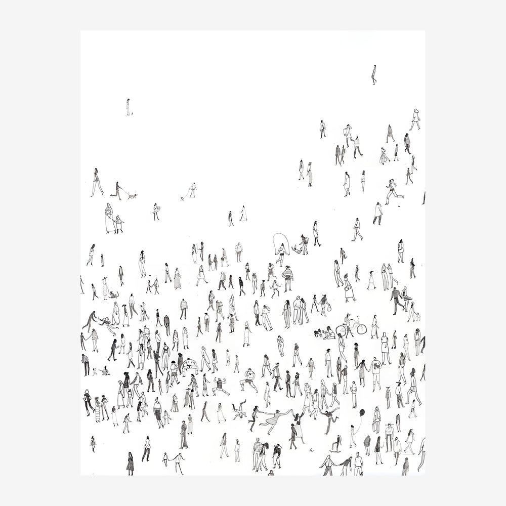 Dessin au trait en noir et blanc montrant environ deux cents petites silhouettes humaines dispersées sur un fond blanc.