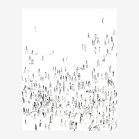 Dessin au trait en noir et blanc montrant environ deux cents petites silhouettes humaines dispersées sur un fond blanc.