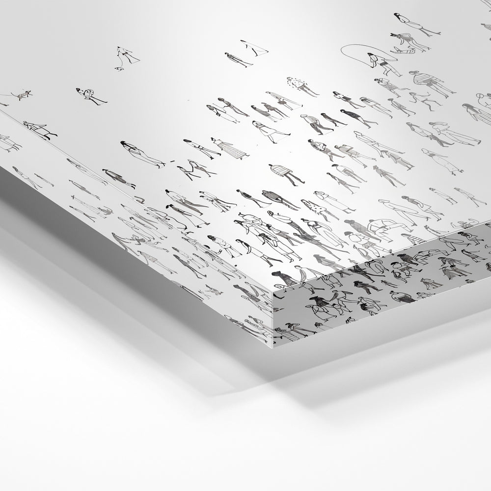 Gros plan de la matière : le tirage sous verre acrylique, tranche transparente visible.