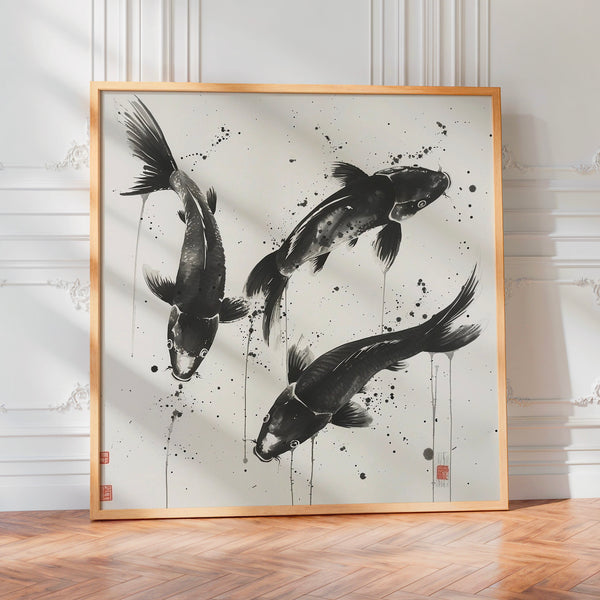 Trois carpes noir et blanc, style minimaliste — Poster HP mat