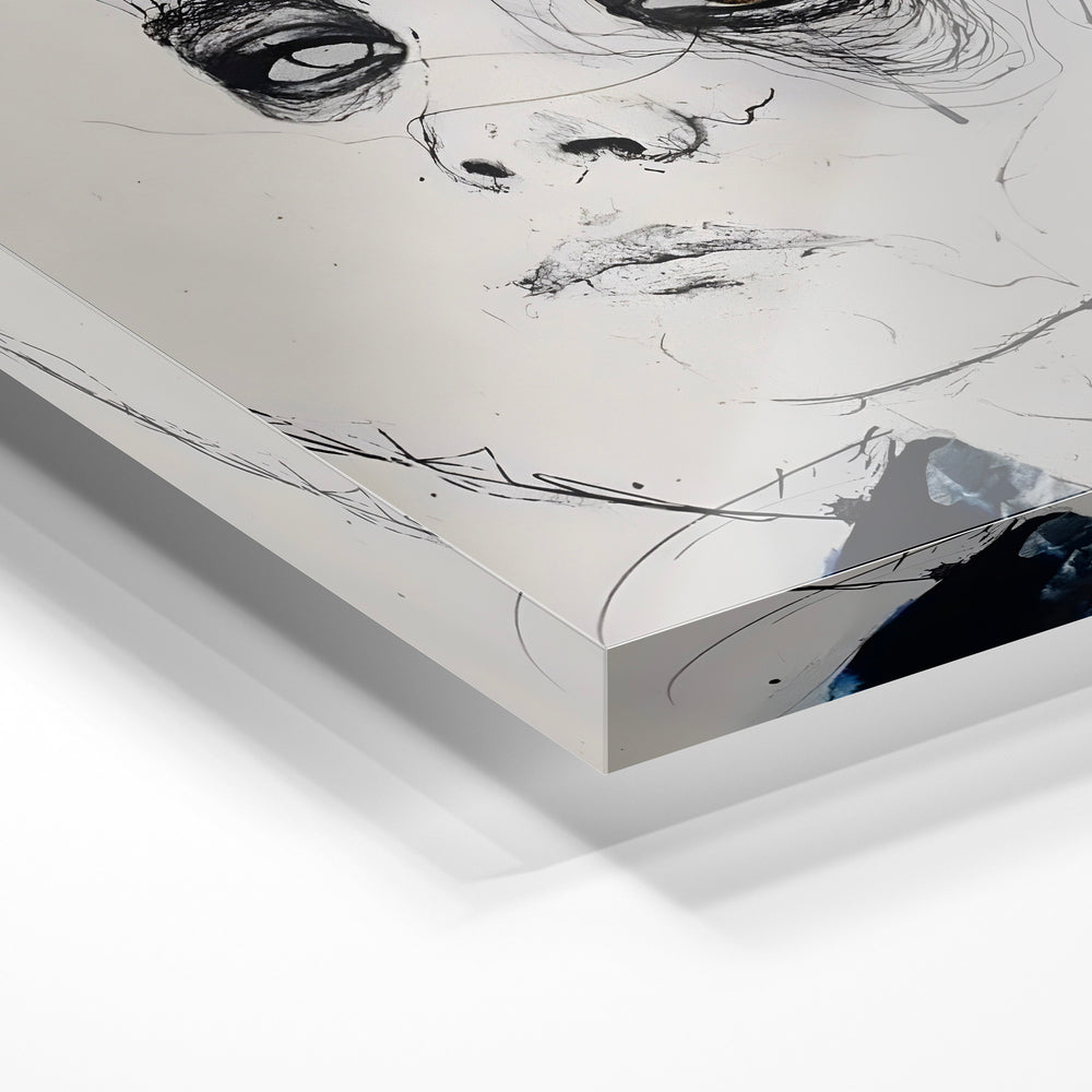 Gros plan de la matière : le tirage sous verre acrylique, tranche transparente visible.