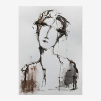 Portrait abstrait en noir et blanc montrant un visage stylisé aux traits épars et coups de pinceau énergiques, sur fond.