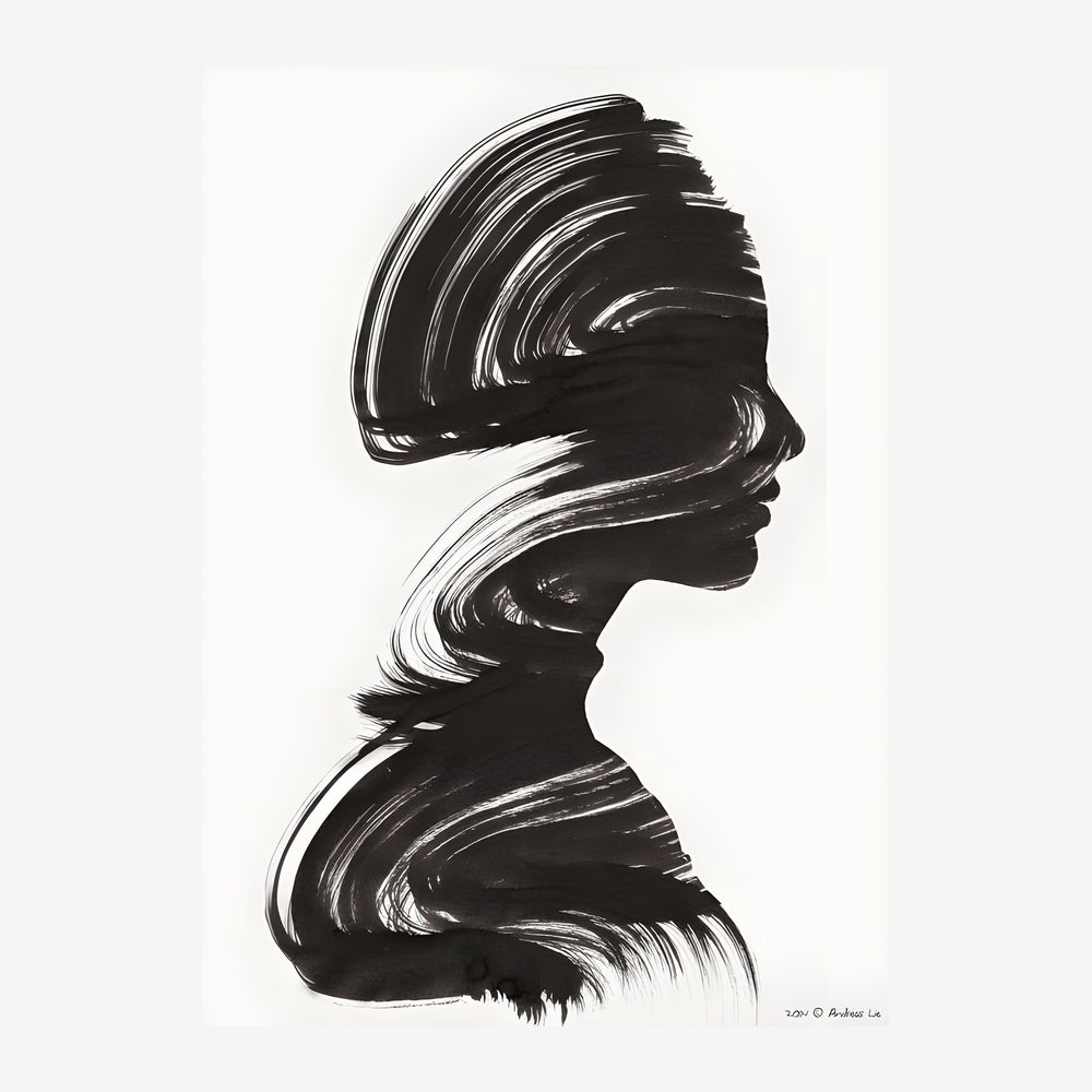 Portrait en profil d'une femme, dessiné aux traits noirs épais et expressifs sur fond beige clair.
