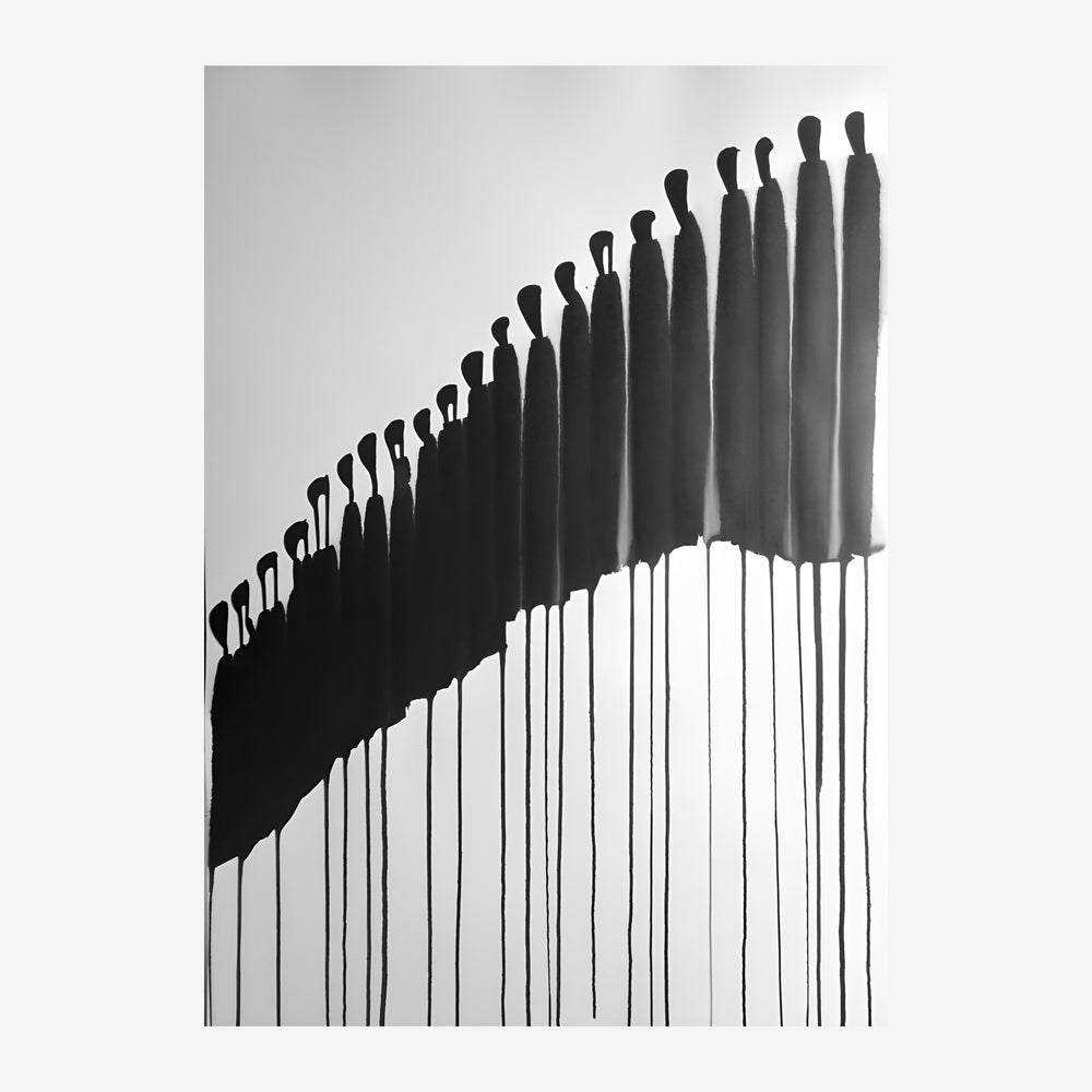 Composition minimaliste noir et blanc présentant une série de silhouettes humaines en ombre qui augmentent progressivement.