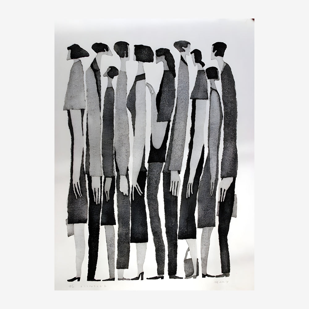 Neuf silhouettes humaines stylisées en noir, gris et blanc, regroupées dans une composition serrée, vêtues de vêtements.