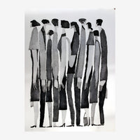 Neuf silhouettes humaines stylisées en noir, gris et blanc, regroupées dans une composition serrée, vêtues de vêtements.