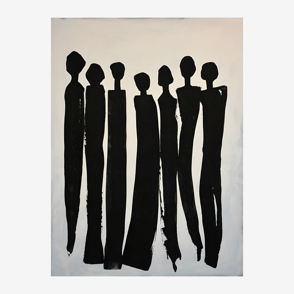 Sept silhouettes noires, ligne art minimaliste — Toile sur châssis