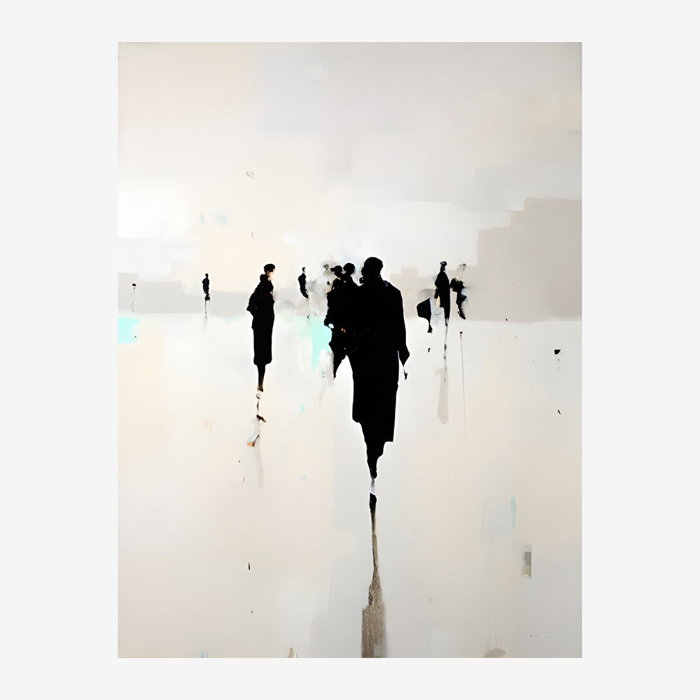 Silhouettes de figures humaines en noir sur fond beige gris pâle, dans un environnement urbain minimaliste et brumeux.