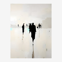 Silhouettes de figures humaines en noir sur fond beige gris pâle, dans un environnement urbain minimaliste et brumeux.