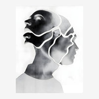 Portrait en profil superposé, en noir et blanc avec lignes blanches épurées séparant les formes et dégradés de gris révélant.