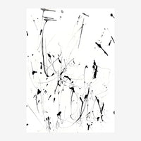 Composition abstraite en noir et blanc avec traits continus enchevêtrés et points dispersés sur fond blanc.