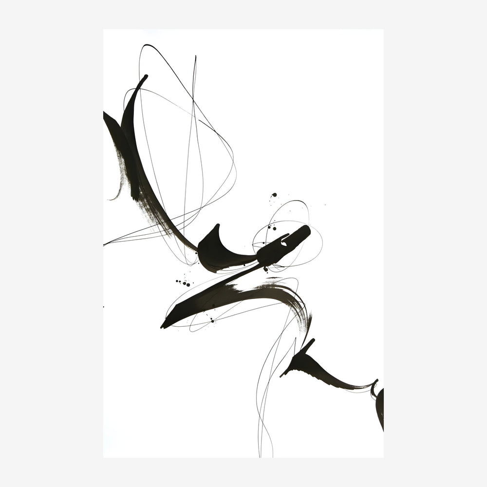 Composition abstraite en noir et blanc avec silhouettes stylisées reliées par des traits courbes et des lignes épurées.