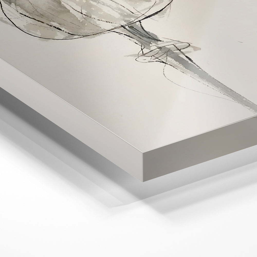 Gros plan de la matière : le tirage sous verre acrylique, tranche transparente visible.