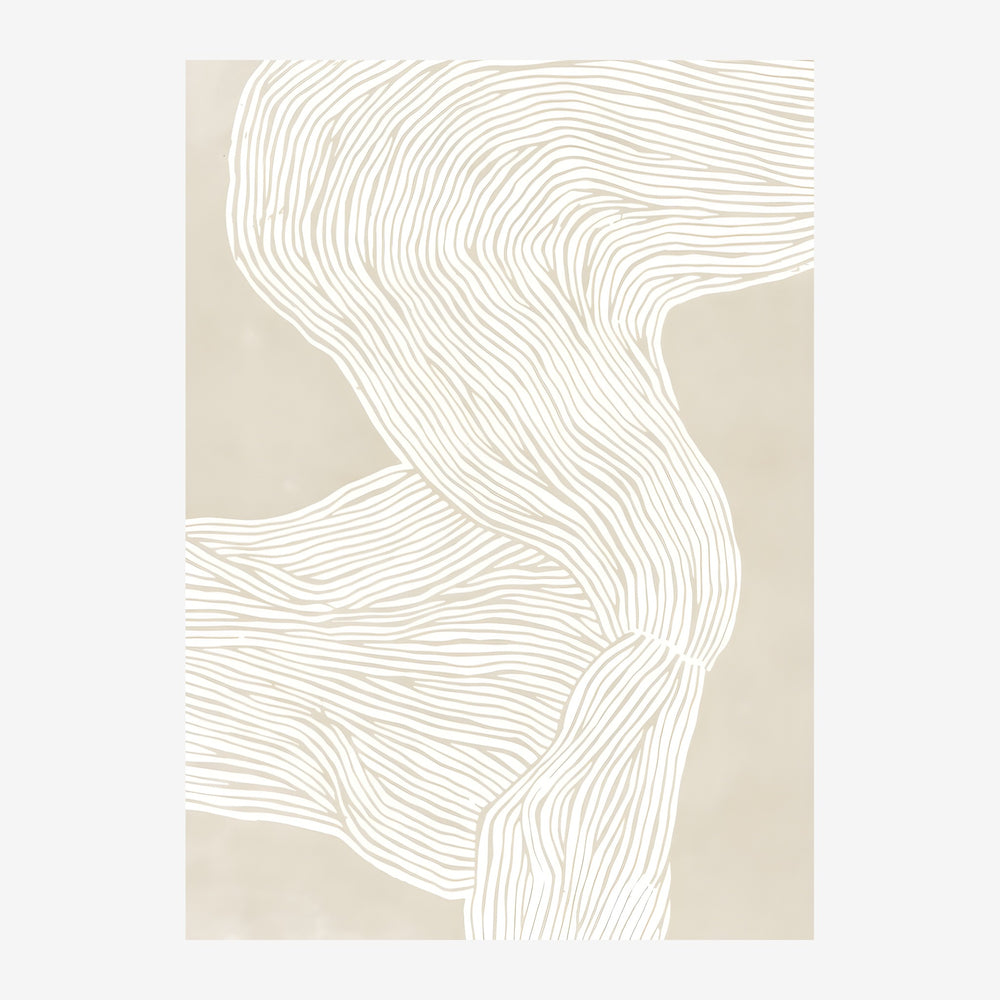Composition abstraite montrant des formes ondulantes en trait blanc fin sur fond beige pâle, avec des zones de beige plus.