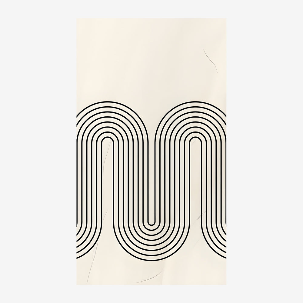 Affiche minimaliste présentant deux formes géométriques d'arcs concentriques en lignes noires sur fond beige clair.