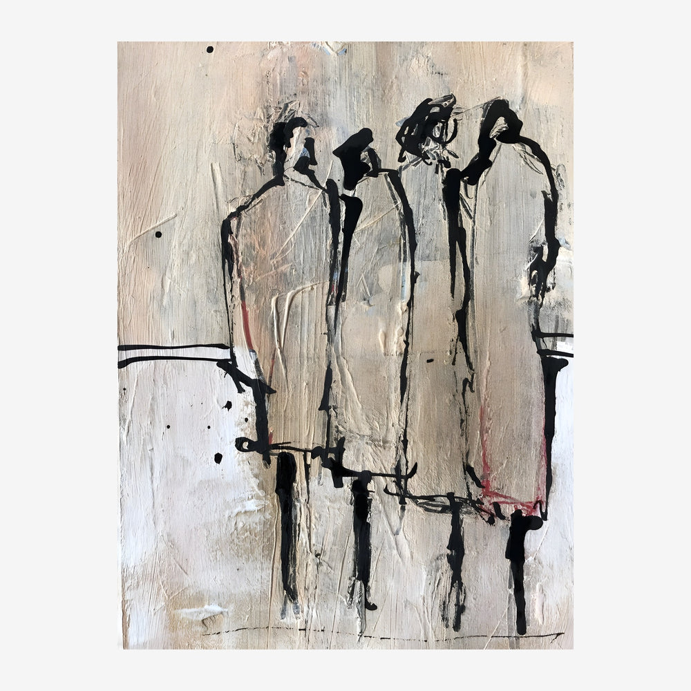 Tableau composé de trois silhouettes de personnes esquissées au trait noir sur un fond de teintes grises et beiges pâles.