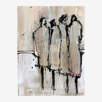 Tableau composé de trois silhouettes de personnes esquissées au trait noir sur un fond de teintes grises et beiges pâles.