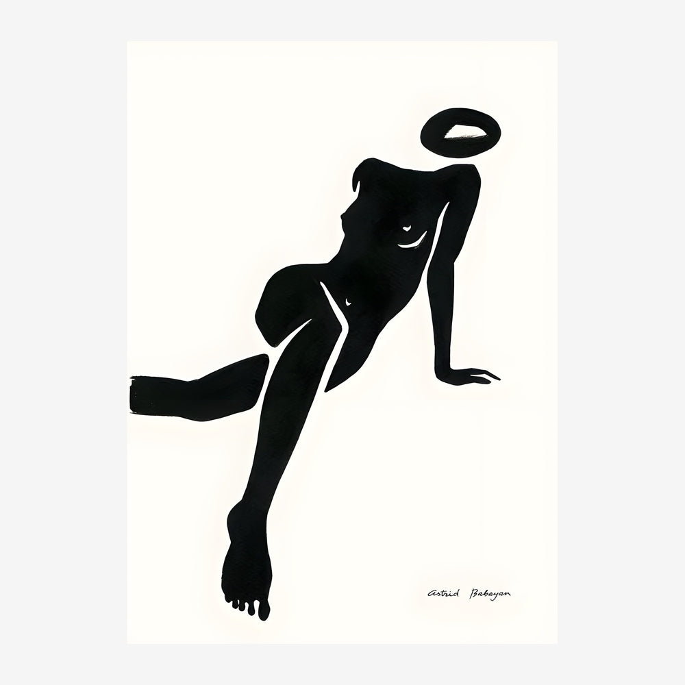 Silhouette féminine allongée en noir avec contours épurés et un nimbe au-dessus de la tête, sur fond beige clair.
