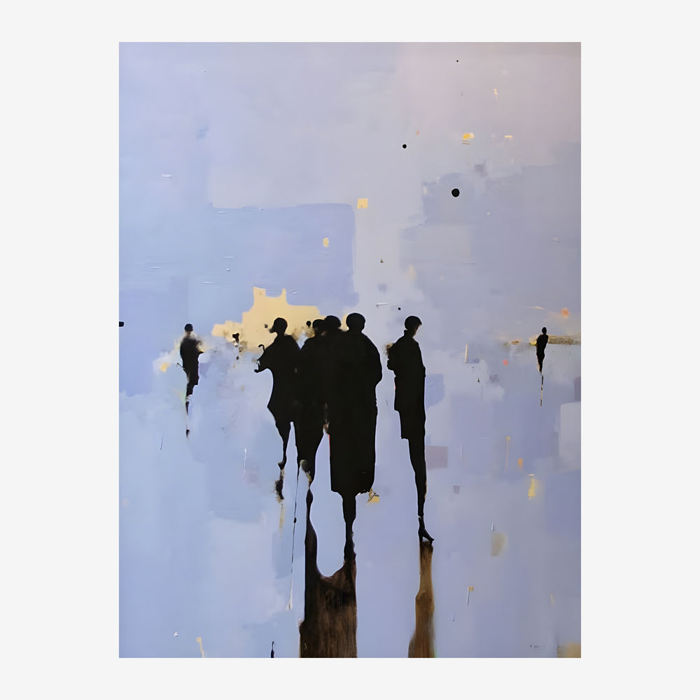 Illustration minimaliste montrant des silhouettes noires de personnes émergentes d'un brouillard bleu clair ponctuée de.