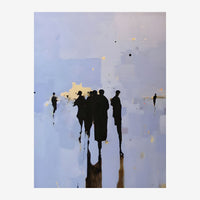 Illustration minimaliste montrant des silhouettes noires de personnes émergentes d'un brouillard bleu clair ponctuée de.