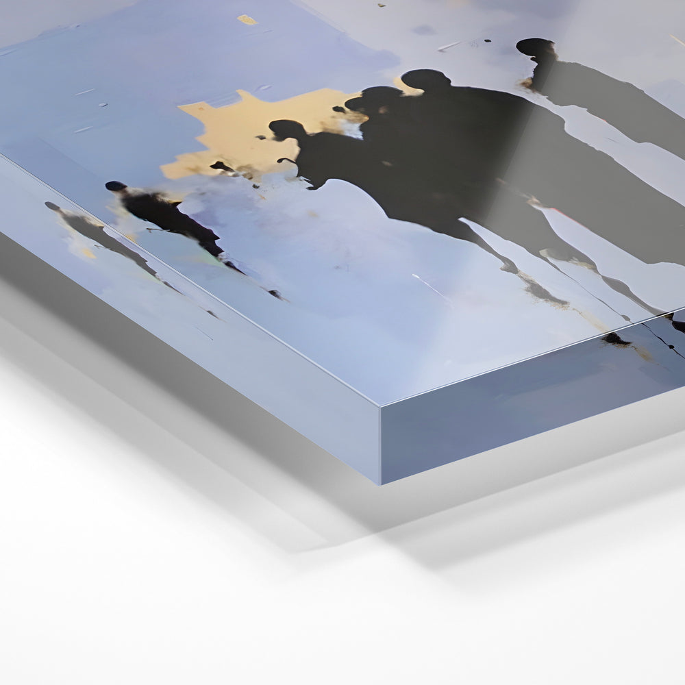 Gros plan de la matière : le tirage sous verre acrylique, tranche transparente visible.